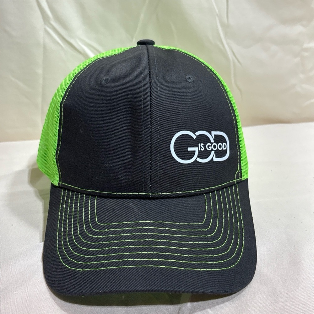 GOD IS GOOD Black/Lime green Baseball Hat with mess, adjustable back.